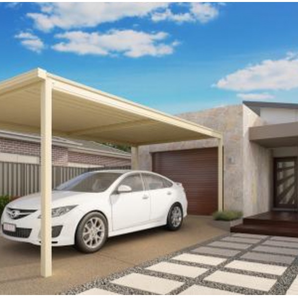 A stylish white car is parked under a modern LYSAGHT® Carport Kit with a cream-colored roof, matching perfectly.