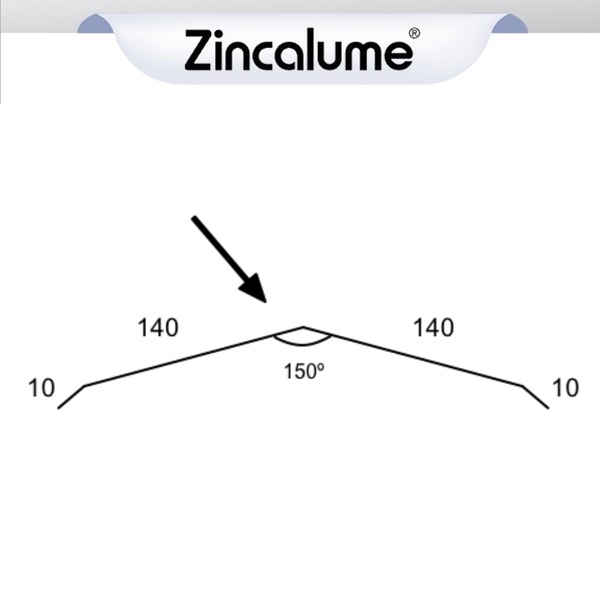 140mm - Flat Ridge Roof Flashing Suit Corrugated - (10x140x140x10 - 150º) ZINCALUME® logo