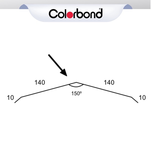 140mm - Flat Ridge Roof Flashing Suit Corrugated - (10x140x140x10 - 150º) COLORBOND® logo