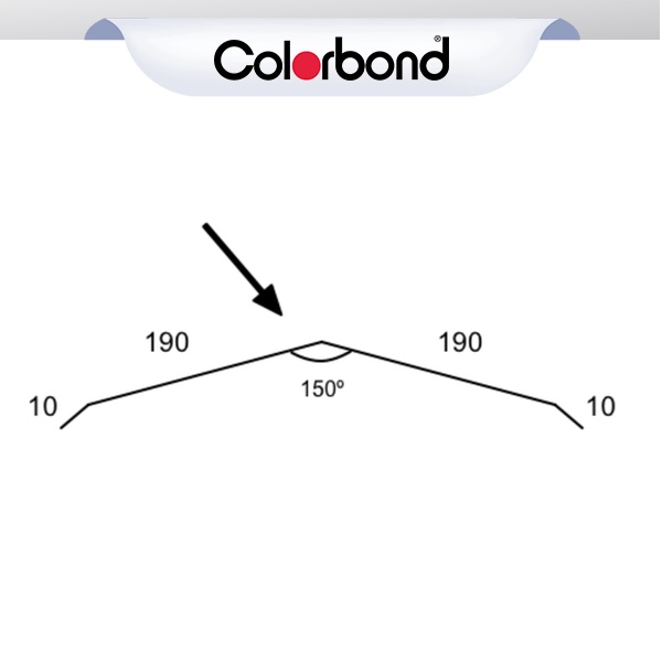 190mm Flat Ridge Roof Flashing Suit Corrugated Roof - (10x190x190x10 - 150deg) COLORBOND® logo