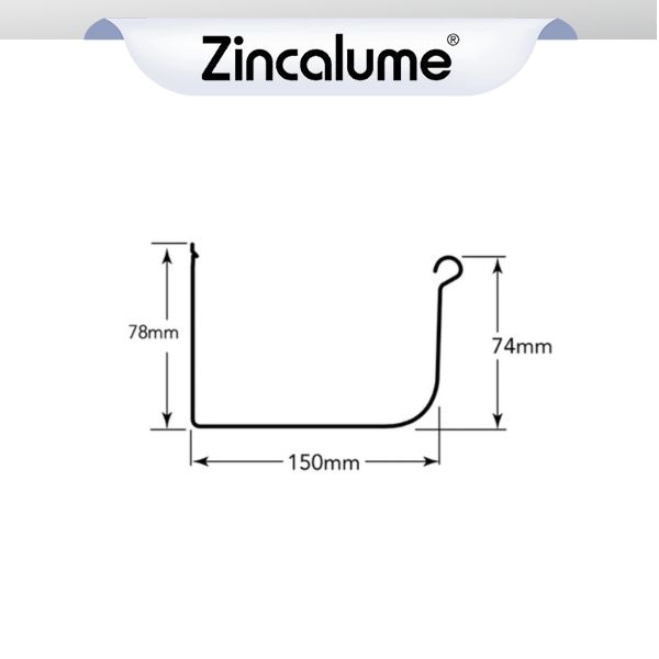 Quad Gutter 150mm LOW Front ZINCALUME logo